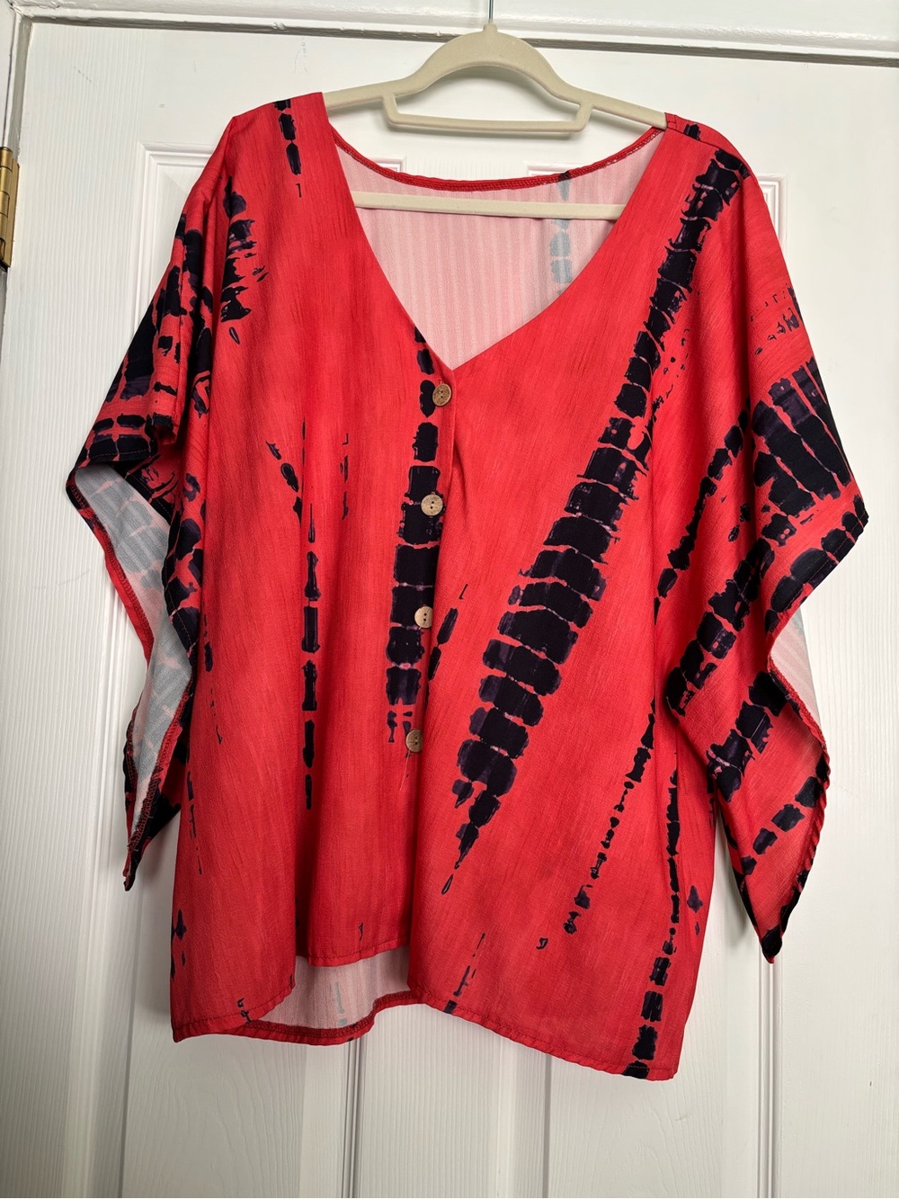 V-Neck Red Tie-Dye Button Front Women's Top